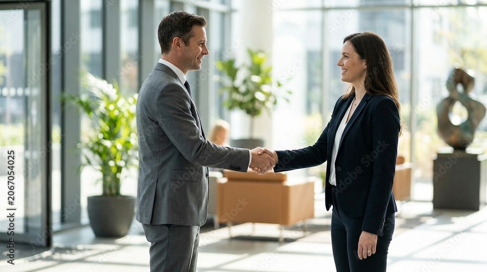 Fototapeta premium Business pitch handshake after presentation two professionals sealing partnership both smiling