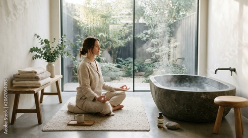 Woman meditating in minimalist bathroom with steam bath