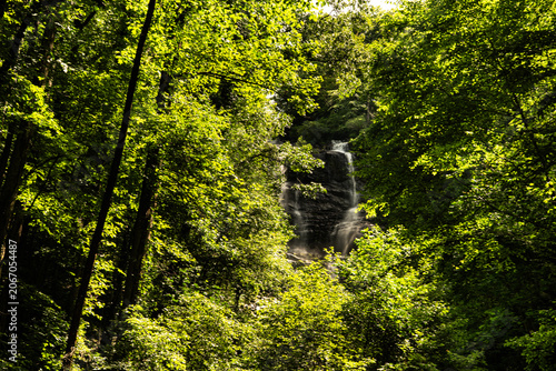 Multi-tiered cascade waterfall flowing through dense green forest at Amicalola Falls State Park, North Georgia mountains, USA.