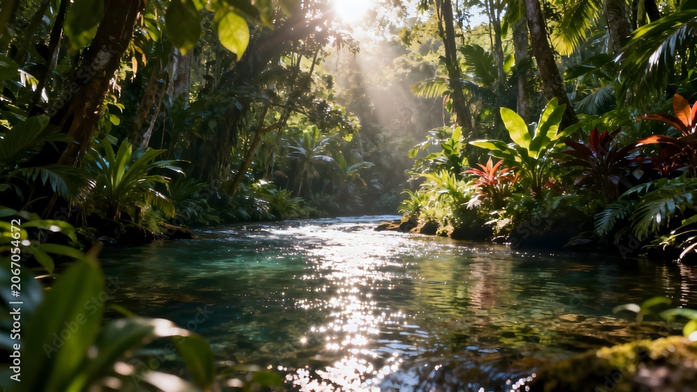 Fototapeta premium Sunlit river in dense jungle