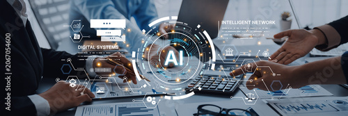 Photos AI digital systems and intelligent network background for technology presentation