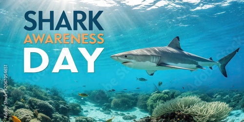 Shark Awareness Day poster with ocean predator swimming in tropical sea