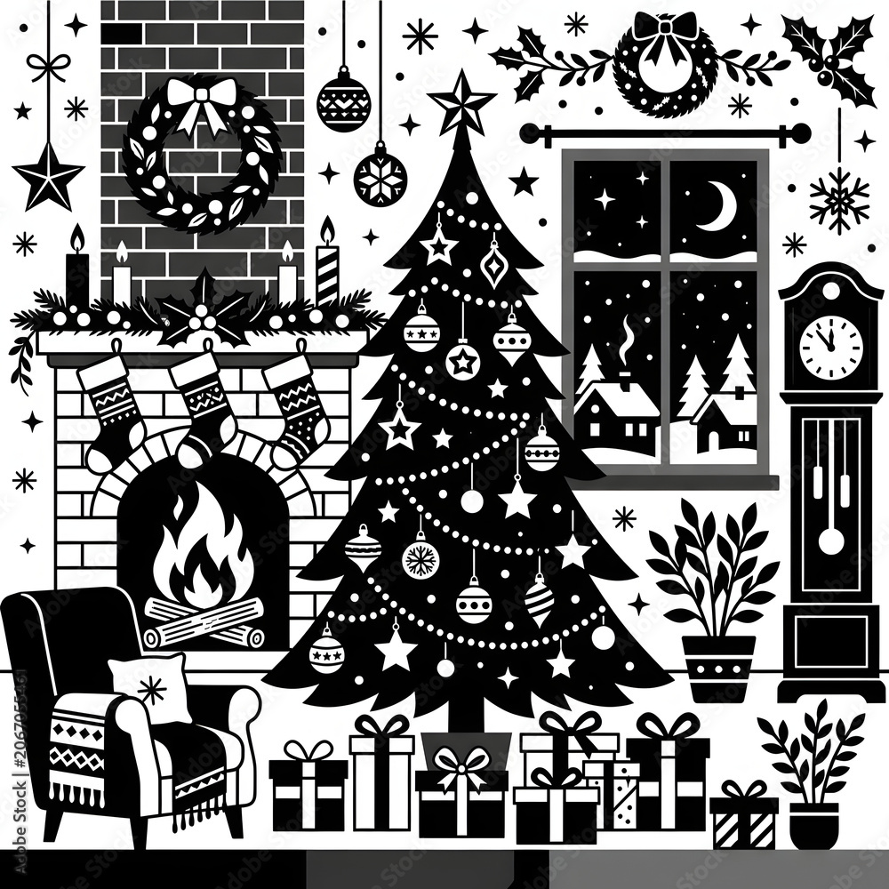Fototapeta premium Cozy Christmas Living Room With Festive Decorations And Gifts.