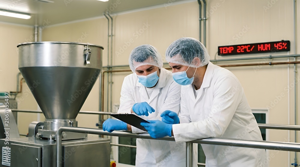 Naklejka premium Two industrial technicians in white lab coats and hairnets reviewing data on a clipboard next to a large stainless steel processing machine in a food manufacturing plant