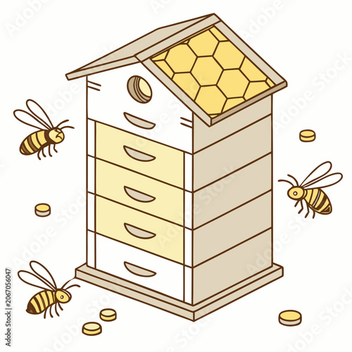 Tableau sur toile Bustling Beehive with Honey and Busy Bees vector image isolated on white background
