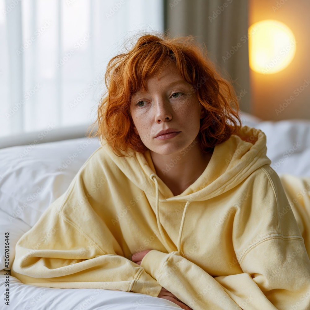 Fototapeta premium Redhead woman in yellow hoodie sitting on bed in soft natural light for cozy lifestyle background and relaxed interior banner