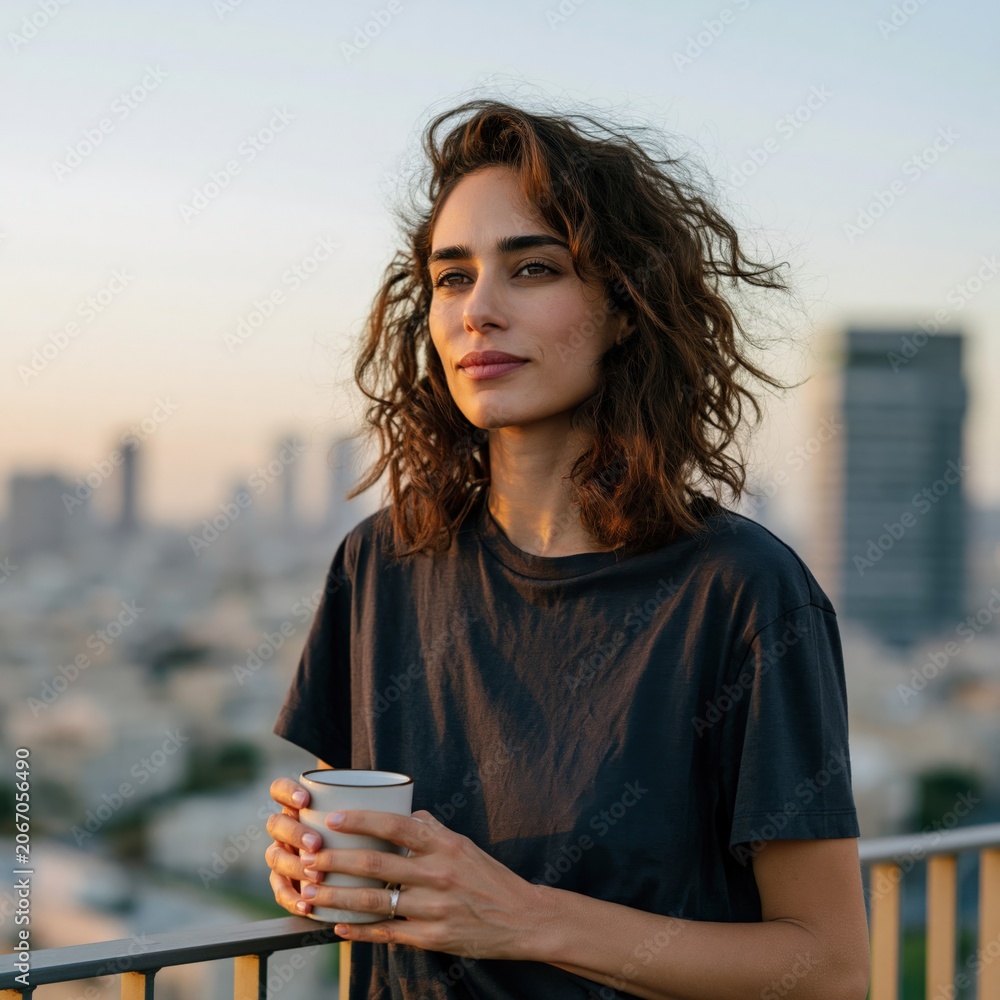 Fototapeta premium Woman on rooftop balcony holding a coffee cup at sunrise with urban skyline for lifestyle background and wellness poster design