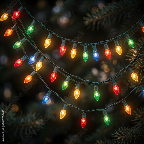 Colorful Christmas Lights Hanging Outdoors on Tree Branches.