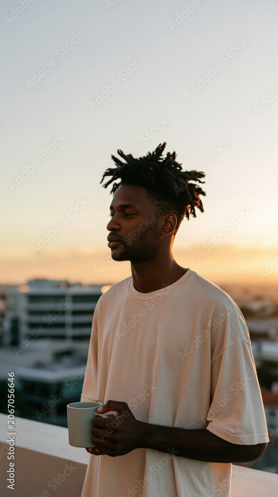 Obraz premium Young man on rooftop at sunset holding a coffee cup for lifestyle background and urban portrait banner with warm golden light