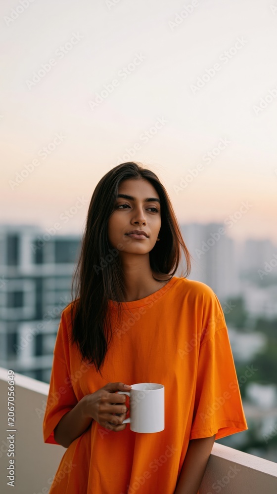 Fototapeta premium Contemplative young woman on balcony with coffee mug at sunrise for calm background and lifestyle banner design