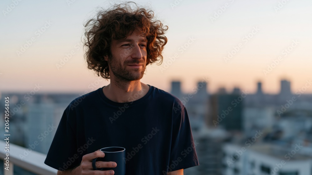 Naklejka premium Young man with curly hair holding a coffee mug on a rooftop at golden hour overlooking city skyline for lifestyle background and banner use