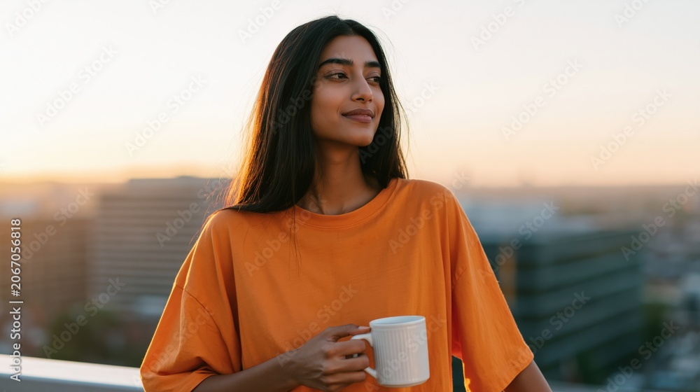 Fototapeta premium Woman on rooftop holding white coffee mug during golden hour with city skyline for lifestyle background and urban banner