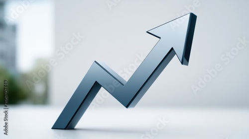 3D metallic upward arrow symbolizing growth and success in business, set against a blurred background of an office environment with soft lighting