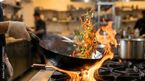 Dynamic action shot of a chef stir frying a mix of fresh garden vegetables in a metal wok over a powerful gas fire in a restaurant kitchen for nutritious and fast gourmet dinner preparation