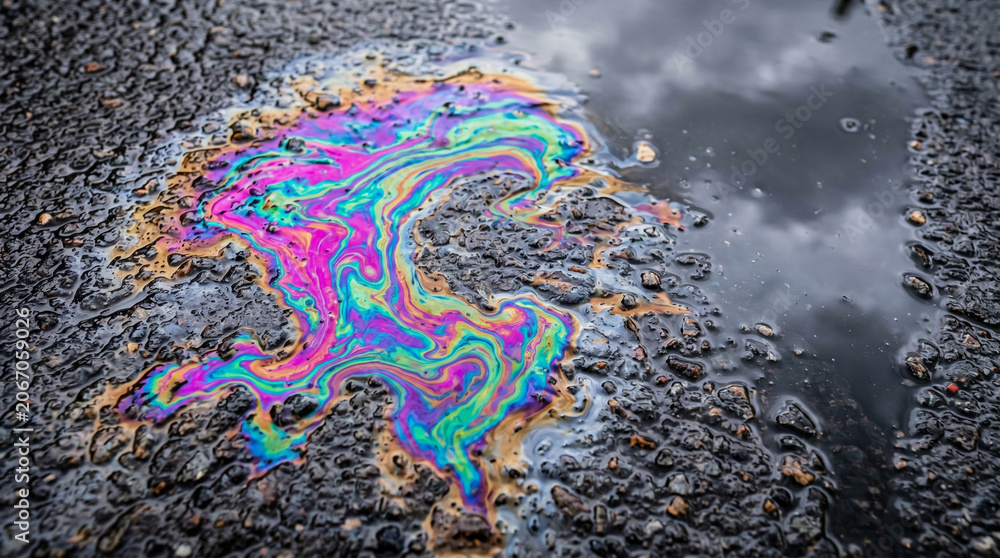 Fototapeta premium Colorful oil slick creating rainbow patterns on wet asphalt pavement