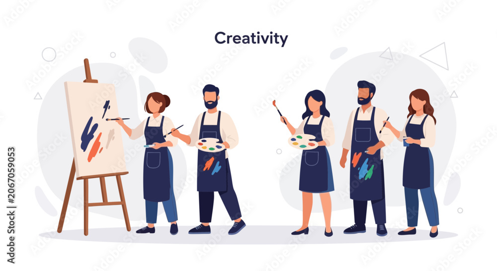 Obraz premium Diverse group of artists painting and collaborating in a studio, showcasing creativity and teamwork.