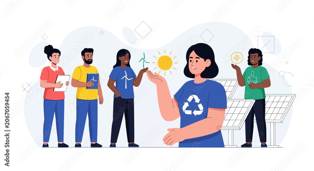 Obraz premium Diverse Team Innovates Green Energy Solutions with Solar and Wind Power