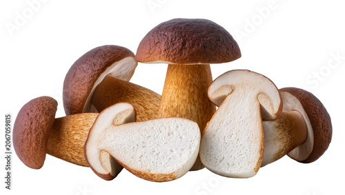 Fotografía Isolated fresh porcini mushrooms, whole and sliced, delicious boletus edulis, healthy edible fungus