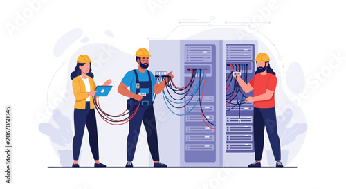 IT Professionals Working on Server Racks and Network Cables with Laptop