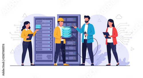 IT Professionals Managing Servers and Data in a Server Room - Data Center Concept