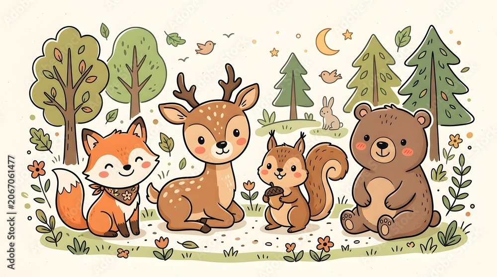 Obraz premium Woodland animals celebrate festive occasion with mascot holding flag and fireworks