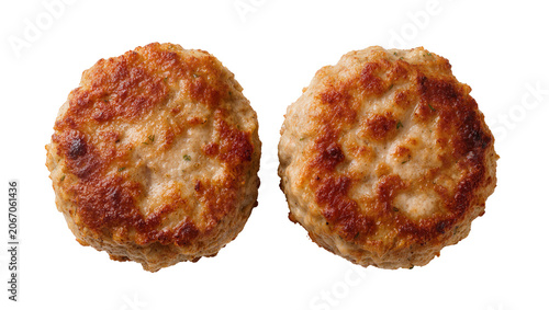 Foto Isolated two golden brown delicious fried meat patties with herbs, savory cooked