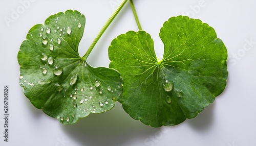 Fresh Rain Drops On Centella Asiatica Leaves Captured From Top Perspective With White Backdrop