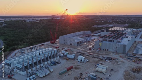 Aerial View of Data Center Facility Construction at Sunset. San Antonio Texas.