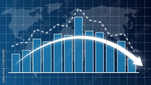 Business bar chart with declining curved arrow and dotted downward trend line. Indicates revenue decrease, risk analysis, and negative performance, Bad Economy concept, market downturn, financial loss