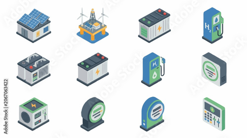 Isometric icons of renewable energy and industrial technology.