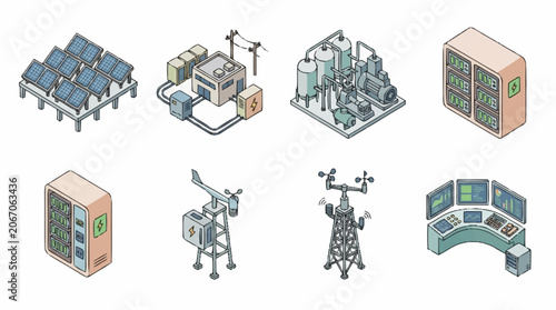 Isometric illustrations of industrial and technological infrastructure.