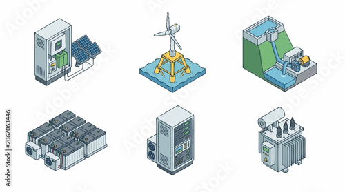 Isometric Industrial Technology and Energy Infrastructure Icons.