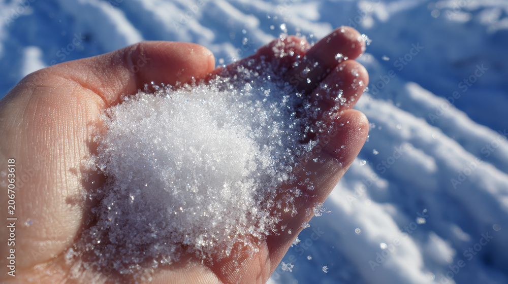 Fototapeta premium A handful of fresh, powdery snow held carefully in an open hand, with tiny ice crystals sparkling in the sunlight