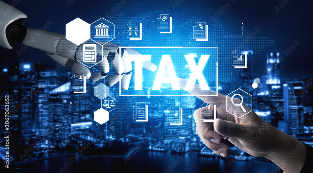Obraz premium Futuristic Tax Automation Concept with Robotic Hand and Human Touch Representing Collaboration in Financial Technology Fluxor.
