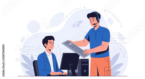 Tech Support Teamwork: IT Professional Helping Colleague with Computer Setup