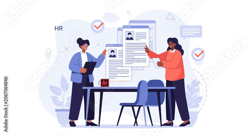 HR professionals reviewing resumes and hiring process, flat design illustration
