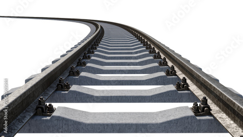 Foto Isolated curved railway track with concrete sleepers, modern railroad for transp