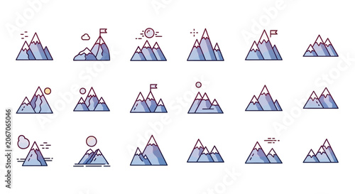 Stylized mountain range illustrations in vector style with flags and snow