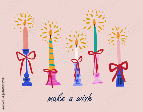 Make a Wish Greeting Banner with Candles in Candle Holders, Red Bows and Pink Background, Horizontal Birthday Card for Party Invitation, Holiday Greeting, Baby Shower, Christmas, Festive Celebration
