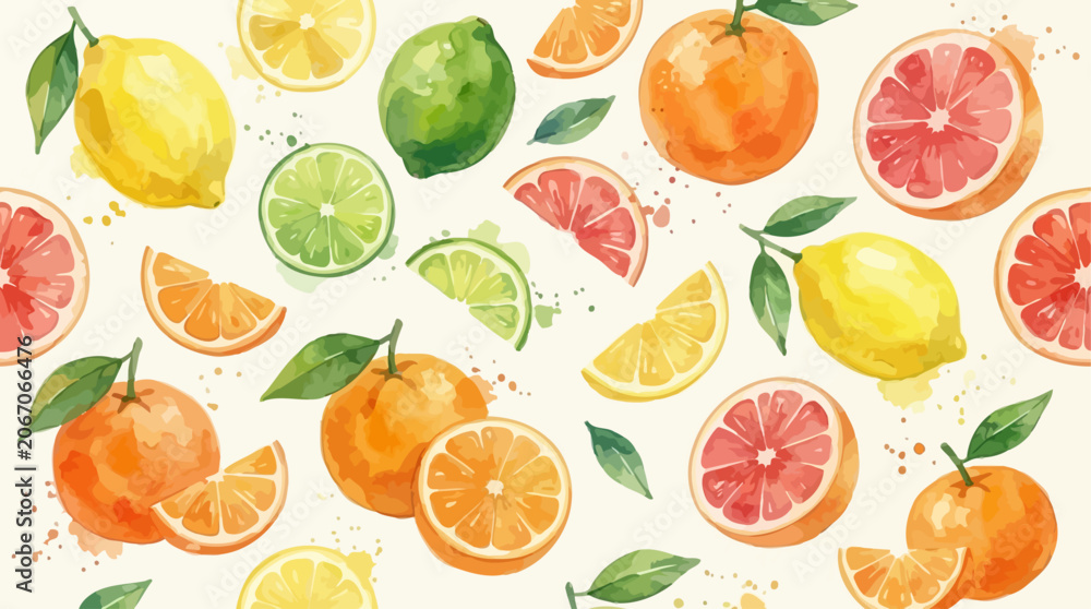 Fototapeta premium Handcrafted eighty six watercolor citrus fruit illustrations set featuring orange lemon lime grapefruit tangerine and pomelo slices with green botanical leaves isolated on white background