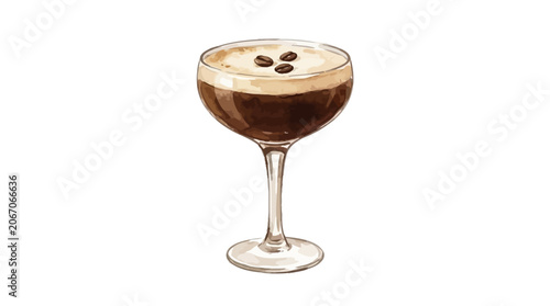Artistic watercolor illustration of a classic espresso martini cocktail with coffee beans in a crystal coupe glass, elegant long drink beverage vector clipart for menu and cafe design.