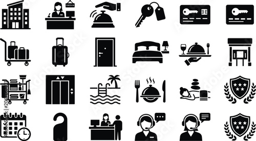 Fotografie Hotel service and hospitality accommodation icon set featuring black silhouettes