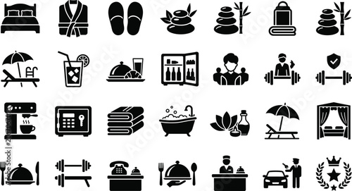 Foto Luxury hotel amenities and resort spa icon set featuring black silhouettes of be
