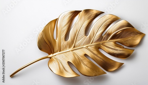 Elegant Golden Monstera Leaf Isolated On White Background Featuring Intricate Vein Patterns And Metallic Texture