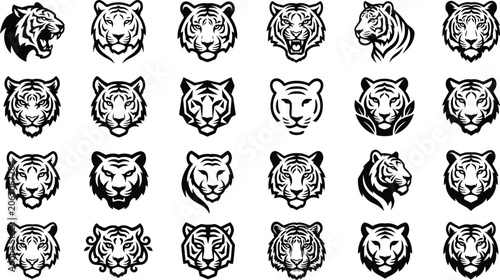 Photography Tiger head logo and wild cat face icon set featuring black tribal line art silho