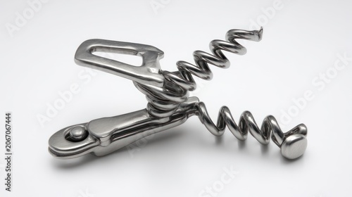 Metallic corkscrew on white background wine bottle accessory close up