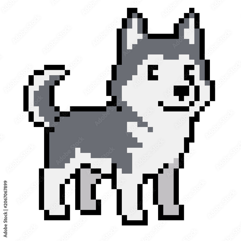 Fototapeta premium cute dog characters, cute siberian husky dog characters, dog illustrations, siberian husky dogs, dog illustrations PNG, pixel art style siberian husky dogs, Pixel art style dog images, dog emoticons