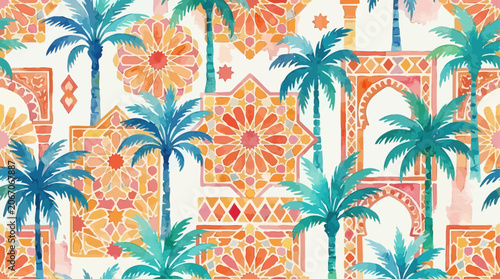 Vibrant Seamless Multicolored Watercolor Moroccan Pattern Featuring Stylized Exotic Palm Trees and Geometric Ethnic Ornament Illustration for Textile Surface Design Background
