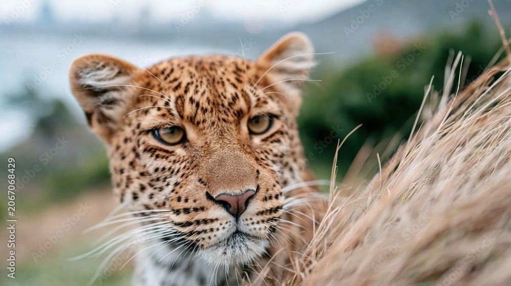 Obraz premium A close-up portrait of a majestic leopard showcases its fierce beauty and intricate fur patterns while emphasizing the natural surroundings, portraying a captivating moment in wildlife photography.