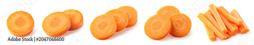 Fresh carrot slices and sticks on white background